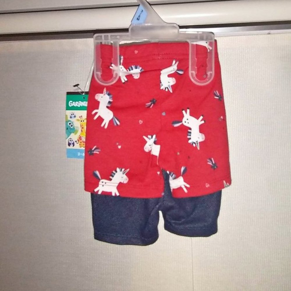 GARANIMALS baby girl 2 shorts 3/6 month dark knit wash red unicorn K-018